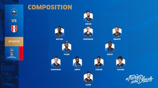 【球队】法国VS秘鲁首发:吉鲁出战 格列兹曼领