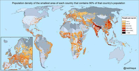 世界各地人口密度图:中国 印度最亮眼,欧洲各国