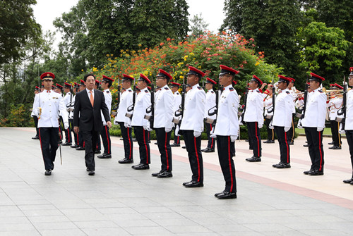 递交国书前,洪小勇检阅了新加坡武装部队仪仗队.