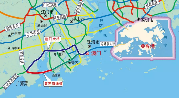 黄茅海大桥与既有的西部沿海,沈海高速和规划建设的斗恩高速,开春高速